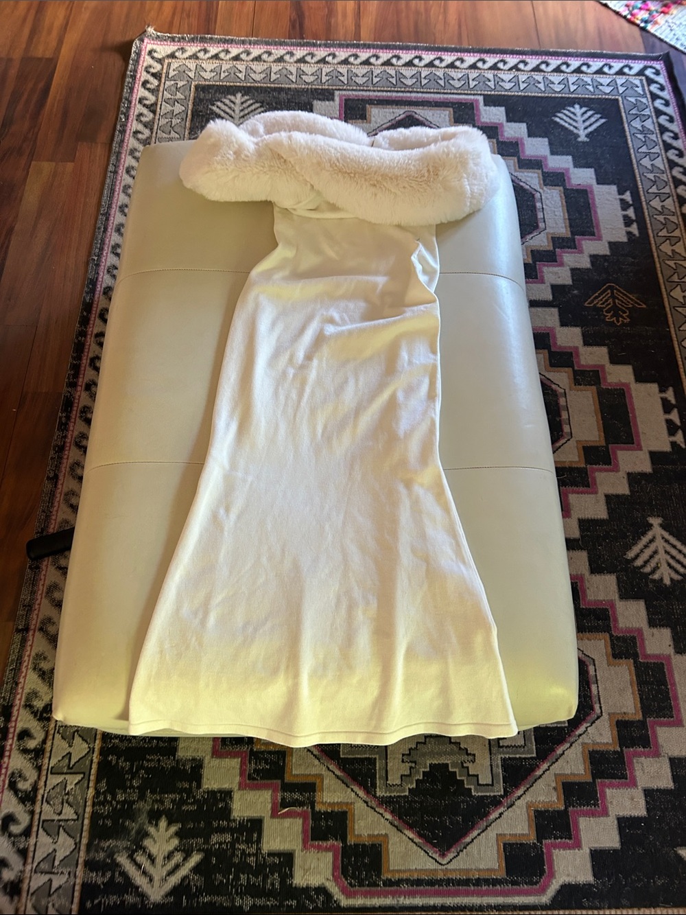 Meshki Ivory Slip Dress with Plush Faux-Fur Trim